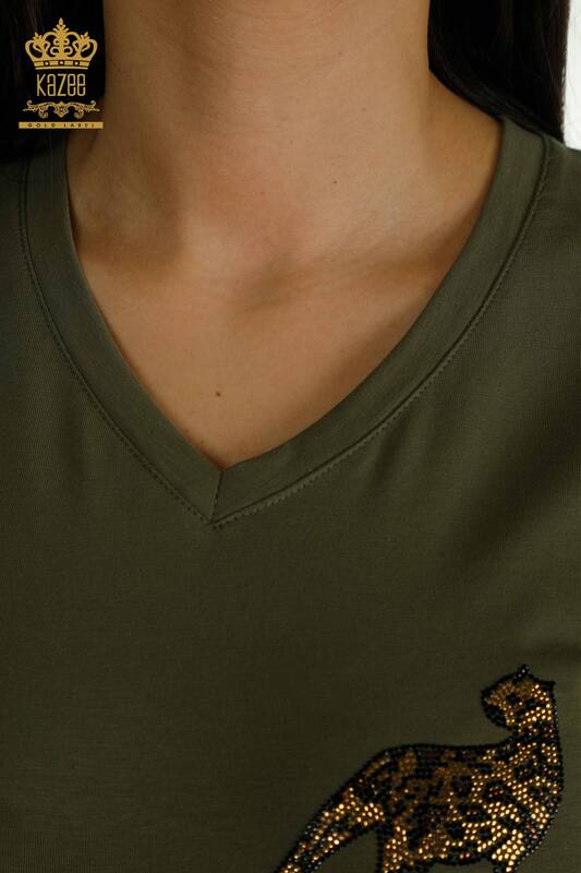 Bluză de damă cu ridicata cu piatră leopard brodat kaki - 79484 | KAZEE