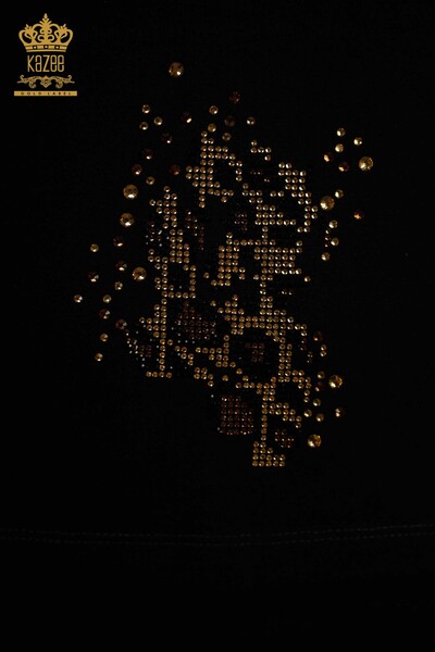 Bluză de damă cu ridicata cu piatră de leopard brodat negru - 79383 | KAZEE - Thumbnail (2)