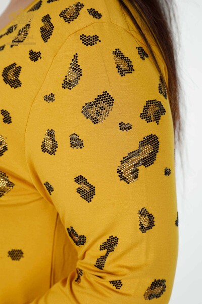 Bluză de damă cu ridicata cu piatră leopard brodat șofran - 79047 | KAZEE - Thumbnail