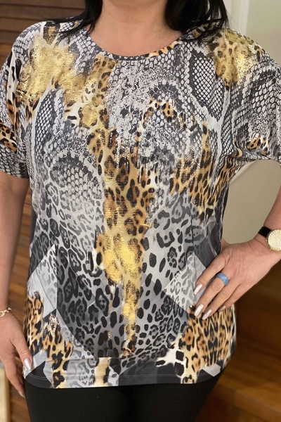 Bluză de damă cu ridicata cu model leopard brodat cu piatră - 76828 | Kazee - Thumbnail