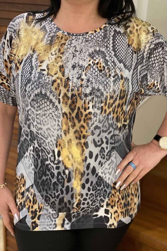 Bluză de damă cu ridicata cu model leopard brodat cu piatră - 76828 | Kazee