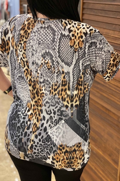 Bluză de damă cu ridicata cu model leopard brodat cu piatră - 76828 | Kazee - Thumbnail