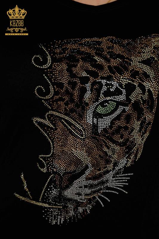 Bluză de damă cu ridicata cu model leopard negru - 79040 | KAZEE