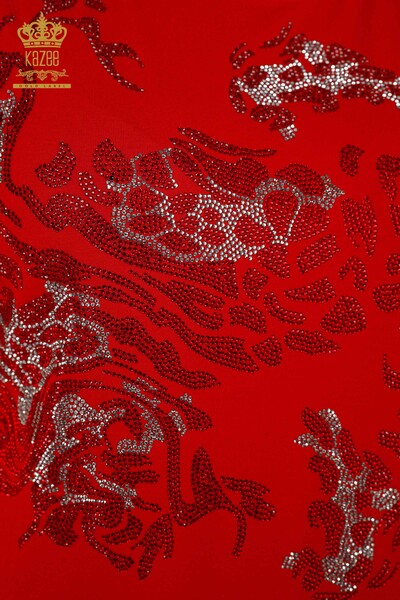 Bluză de damă cu ridicata cu piatră leopard brodat roșu - 79066 | KAZEE - Thumbnail