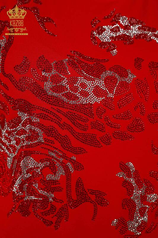 Bluză de damă cu ridicata cu piatră leopard brodat roșu - 79066 | KAZEE