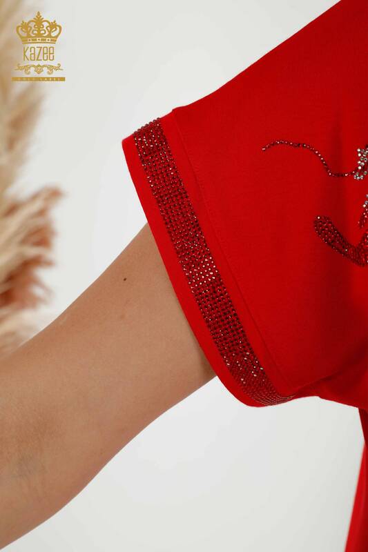 Bluză de damă cu ridicata cu piatră leopard brodat roșu - 79066 | KAZEE