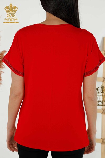 Bluză de damă cu ridicata cu piatră leopard brodat roșu - 79066 | KAZEE - Thumbnail
