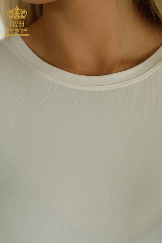 Bluză de damă cu ridicata cu mărgele cu piatră brodata Ecru - 79199 | KAZEE