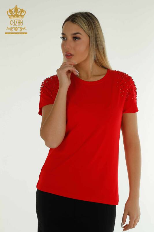 Bluză de damă cu ridicata cu mărgele roșu brodat de piatră - 79199 | KAZEE