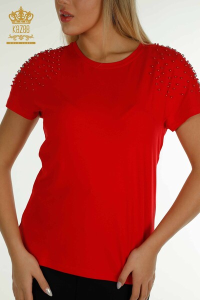 Bluză de damă cu ridicata cu mărgele roșu brodat de piatră - 79199 | KAZEE - Thumbnail