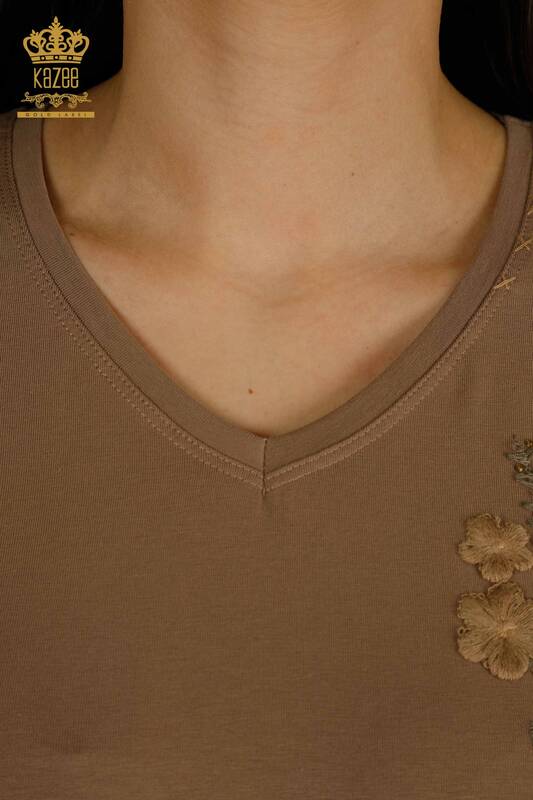 Bluză de damă cu ridicata - Floral brodat - maro deschis - 79466 | KAZEE