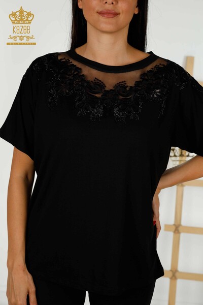 Bluză de damă cu ridicata cu model floral negru - 79081 | KAZEE - Thumbnail