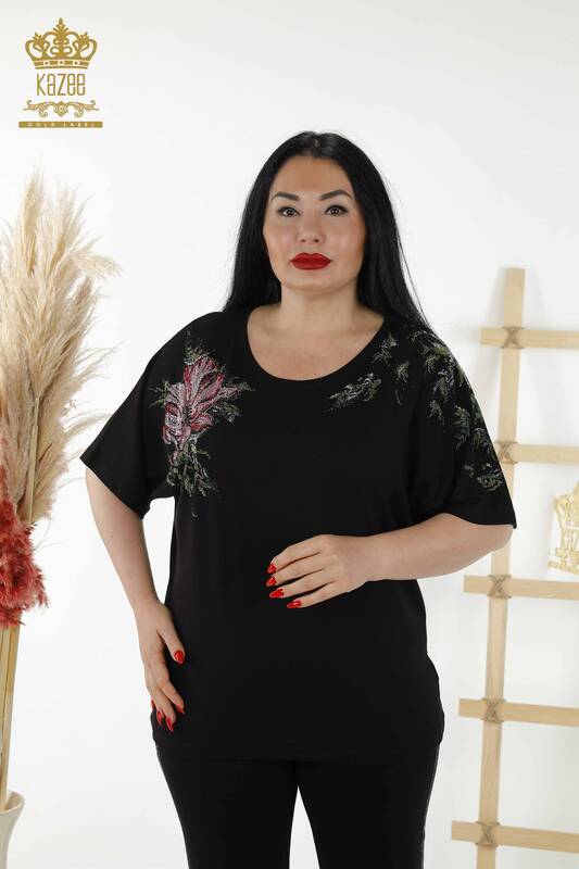 Bluză de damă cu ridicata cu modele florale neagră - 79089 | KAZEE