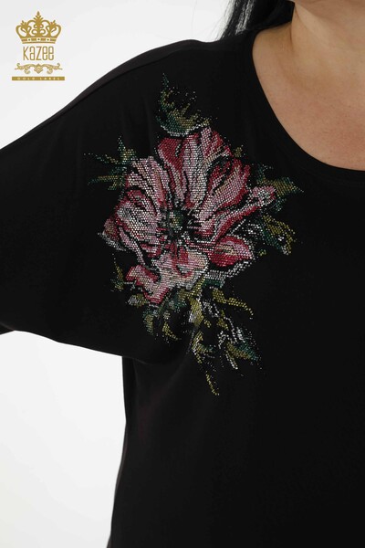 Bluză de damă cu ridicata cu modele florale neagră - 79089 | KAZEE - Thumbnail