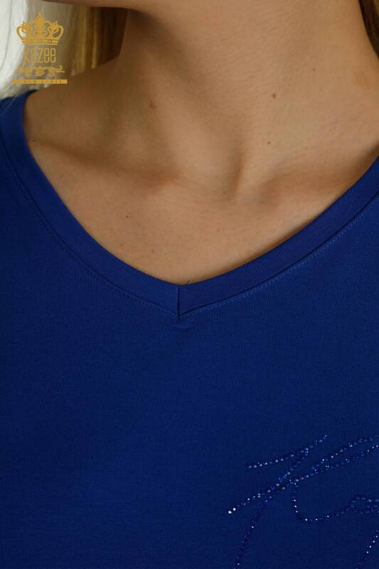 Bluză de damă cu ridicata cu nasturi Saks detaliate - 79297 | KAZEE