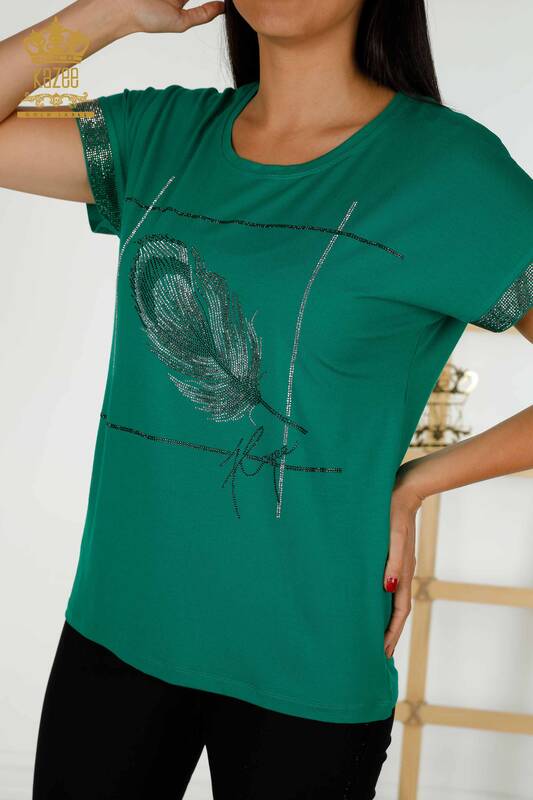 Bluză de damă cu ridicata Frunze cu model verde - 78878 | KAZEE