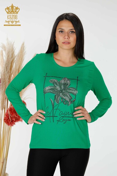 Bluză de damă cu ridicata cu modele florale verde - 79014 | KAZEE - Thumbnail