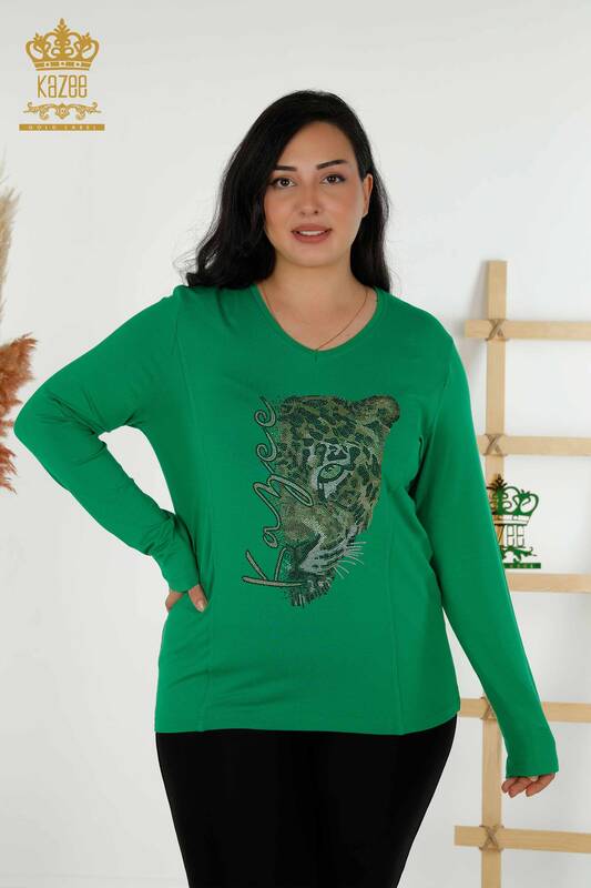 Bluză de damă cu ridicata cu model leopard verde - 79040 | KAZEE