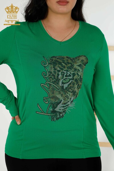 Bluză de damă cu ridicata cu model leopard verde - 79040 | KAZEE - Thumbnail