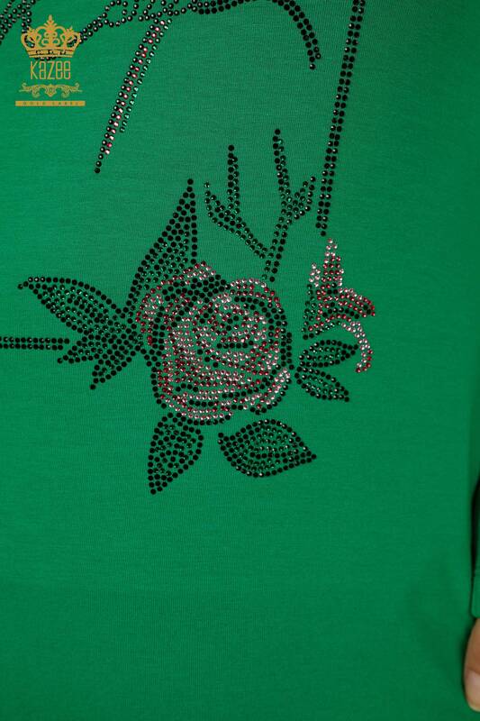 Bluză de damă cu ridicata cu modele florale verde - 79042 | KAZEE