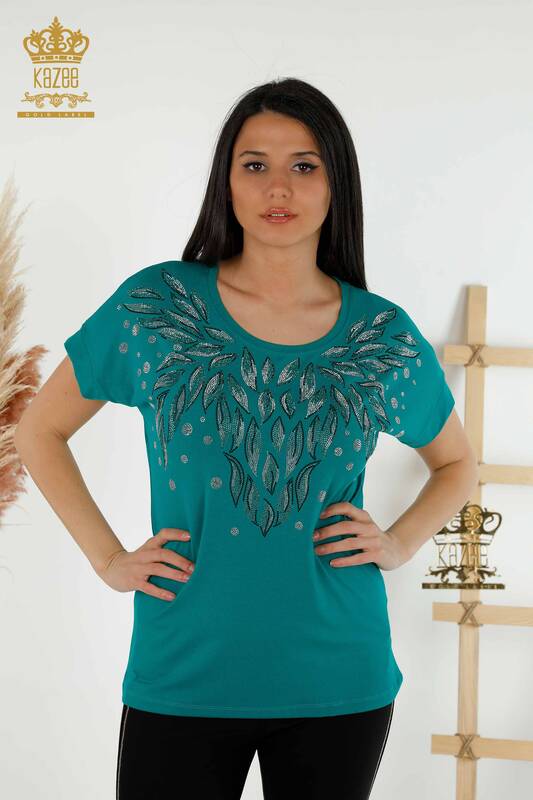 Bluză de damă cu ridicata Frunze cu model verde - 79053 | KAZEE