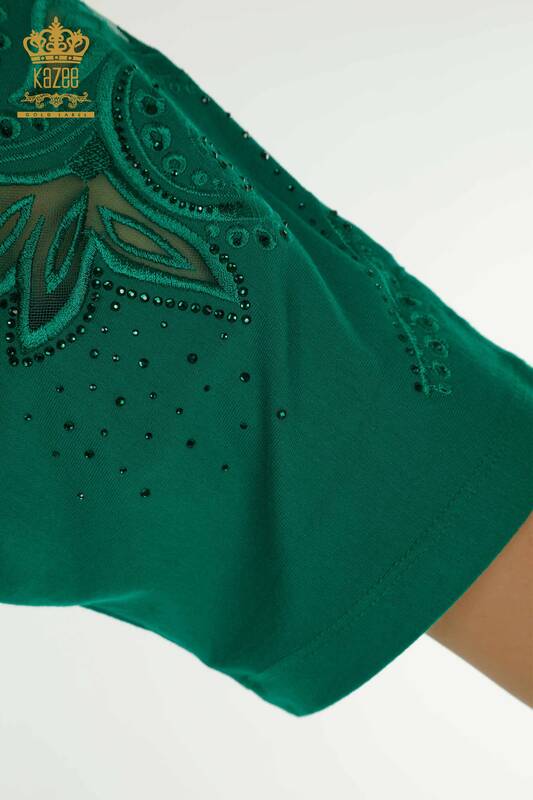 Bluză de damă cu ridicata cu modele florale verde - 79093 | KAZEE