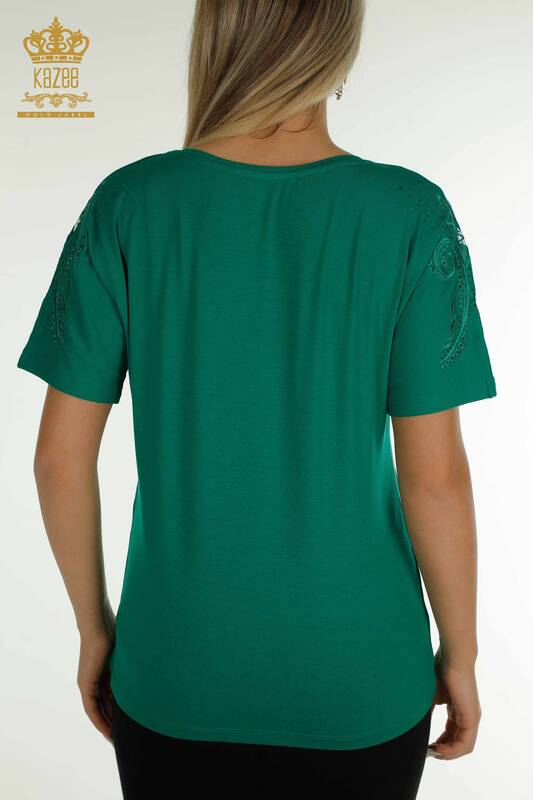 Bluză de damă cu ridicata cu modele florale verde - 79093 | KAZEE