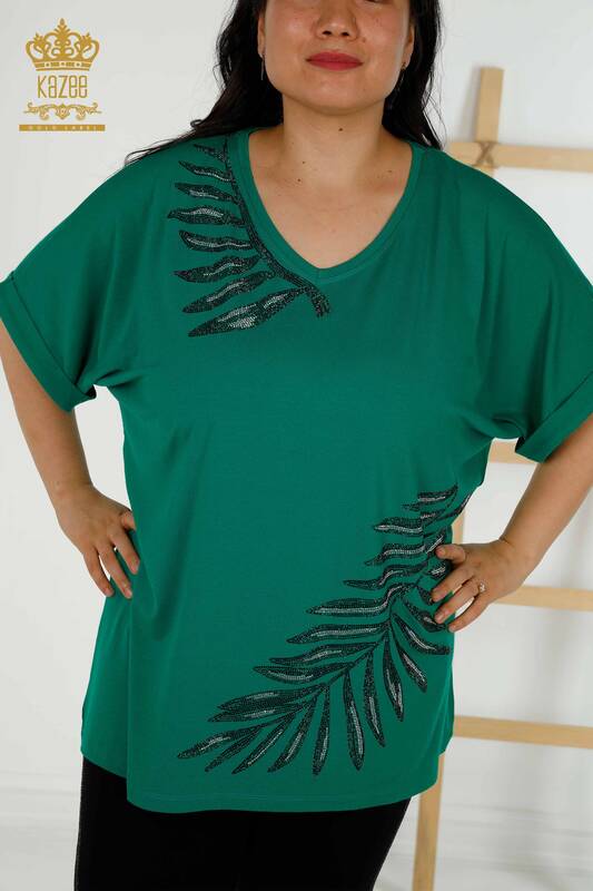 Bluză de damă cu ridicata Frunze cu model verde - 79319 | KAZEE