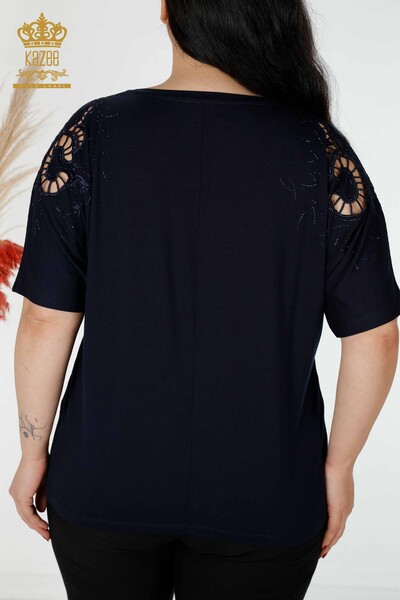 Bluză de damă cu ridicata cu detaliu pe umeri Bleumarin - 77985 | KAZEE - Thumbnail