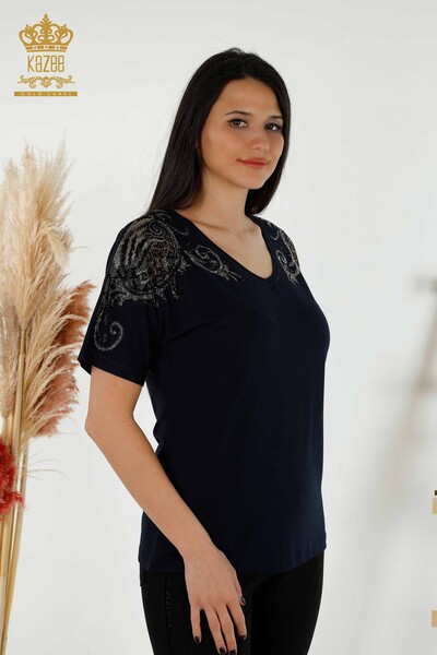 Bluză de damă cu ridicata cu detaliu pe umeri Bleumarin - 79054 | KAZEE - Thumbnail