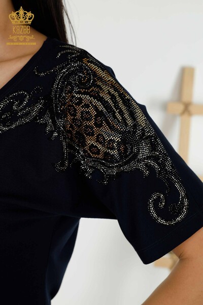 Bluză de damă cu ridicata cu detaliu pe umeri Bleumarin - 79054 | KAZEE - Thumbnail
