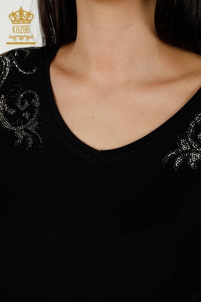 Bluză de damă cu ridicata cu detaliu pe umeri Negru - 79054 | KAZEE - Thumbnail