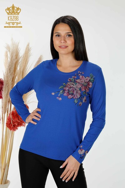 Bluză de damă cu ridicata cu piatră colorată Saks brodat - 79015 | KAZEE - Thumbnail