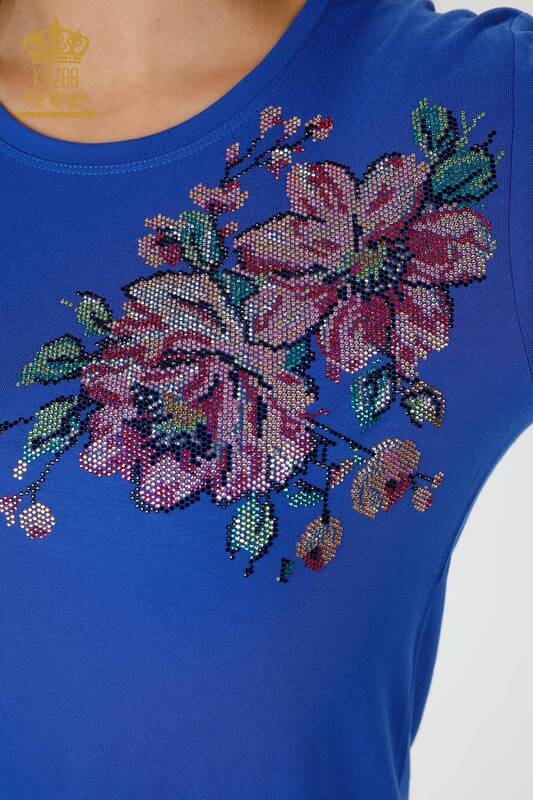 Bluză de damă cu ridicata cu piatră colorată Saks brodat - 79015 | KAZEE