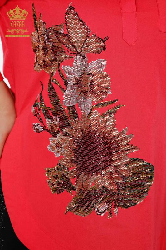 Cămașă cu ridicata pentru femei - Floare - Model Fluture - Brodat cu piatră - Koton - 20128 | KAZEE
