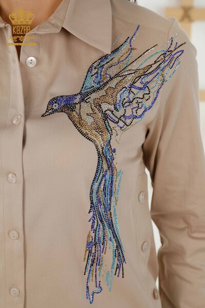 Cămașă cu ridicata pentru femei - Colorată Cu model de păsări - Bej - 20236 | KAZEE - Thumbnail