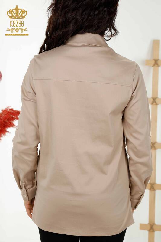 Cămașă cu ridicata pentru femei - Colorată Cu model de păsări - Bej - 20236 | KAZEE