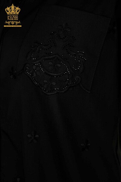 Cămașă cu ridicata pentru femei - cu model floral - neagră cu buzunare - 20412 | KAZEE - Thumbnail