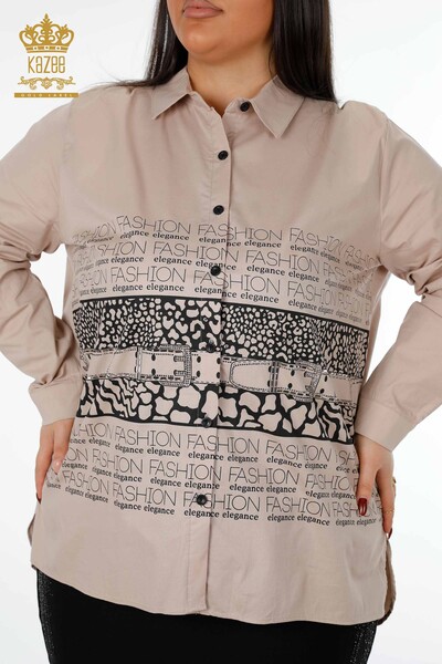 Cămașă cu ridicata pentru femei - Detaliat text - Imprimat leopard - Brodat cu piatră - Koton - 20079 | KAZEE - Thumbnail
