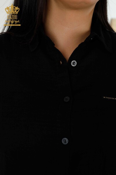 Cămașă cu ridicata pentru femei - mânecă - detaliată cu nasturi - negru - 20403 | KAZEE - Thumbnail