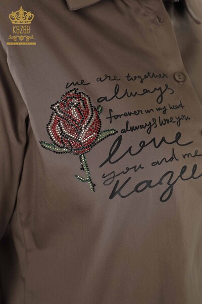 Cămașă cu ridicata pentru femei - cu model trandafir - maro - 20227 | KAZEE - Thumbnail