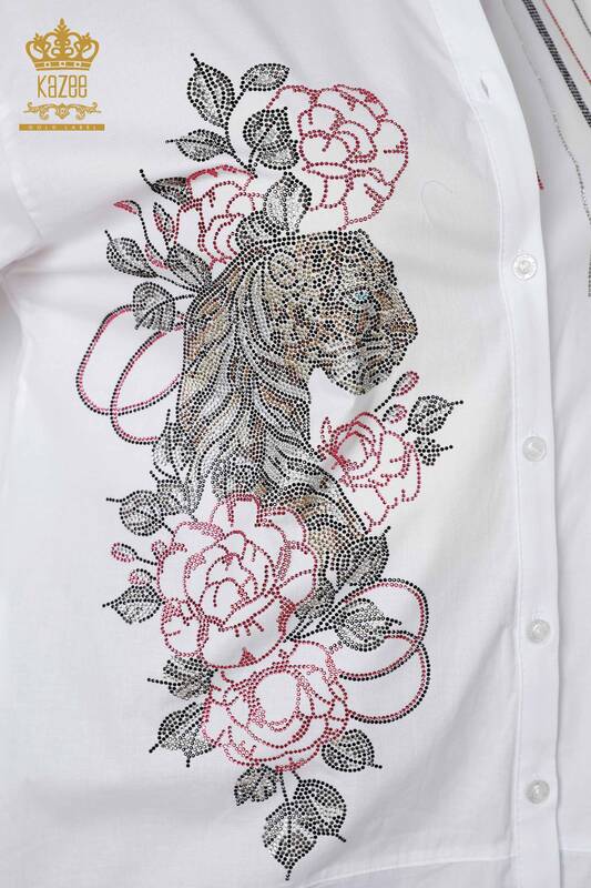 Cămașă de damă cu ridicata - Model tigru și trandafir - alb - 20191 | KAZEE
