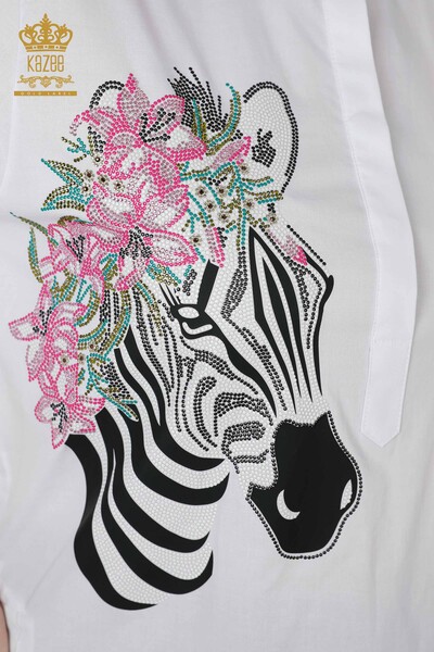 Cămașă de damă cu ridicata - Zebră Motiv Floral - Alb - 20126 | KAZEE - Thumbnail