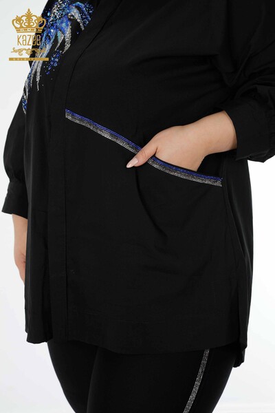 Cămașă de damă cu ridicata - cu model - buzunar - negru - 20197 | KAZEE - Thumbnail