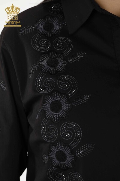Cămașă de damă cu ridicata - Motiv floral - Negru - 20246 | KAZEE - Thumbnail