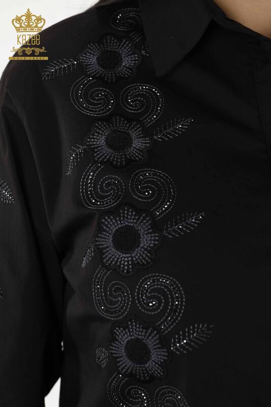 Cămașă de damă cu ridicata - Motiv floral - Negru - 20246 | KAZEE