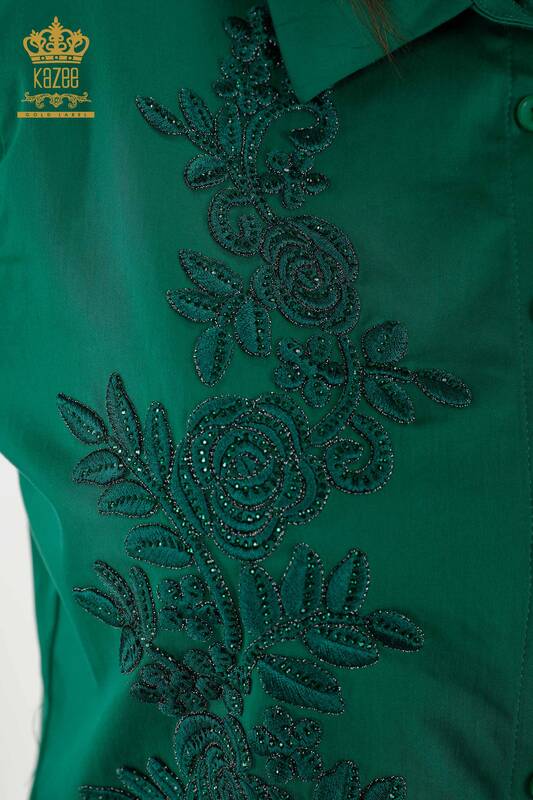 Cămașă cu ridicata pentru femei - Motiv floral - Verde - 20249 | KAZEE