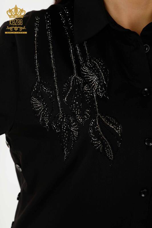 Cămașă cu ridicata pentru femei - Motiv floral - Negru - 20297 | KAZEE