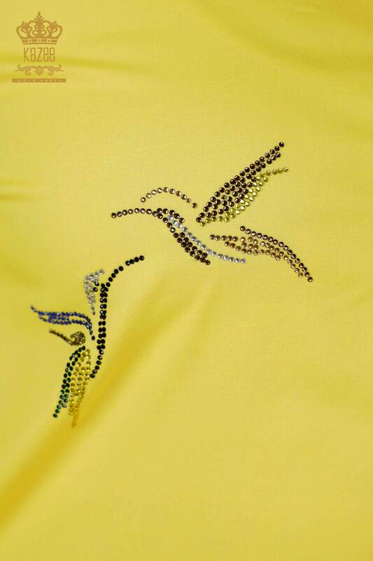 Cămașă cu ridicata pentru femei - Model de păsări - Galben - 20129 | KAZEE