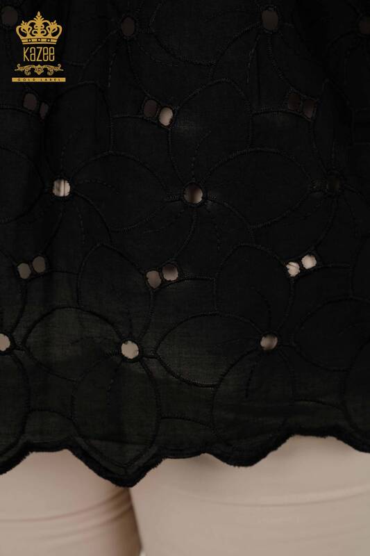 Cămașă de damă cu ridicata - Detaliat dantelă - Negru - 20319 | KAZEE
